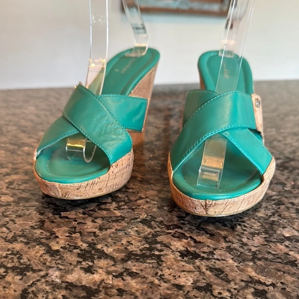 Calvin Klien teal cork Wedges NWOT 9M